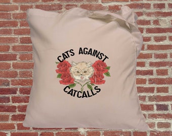 Cats against catcalls feminist tote bag. Female empowerment, feminist gifts
