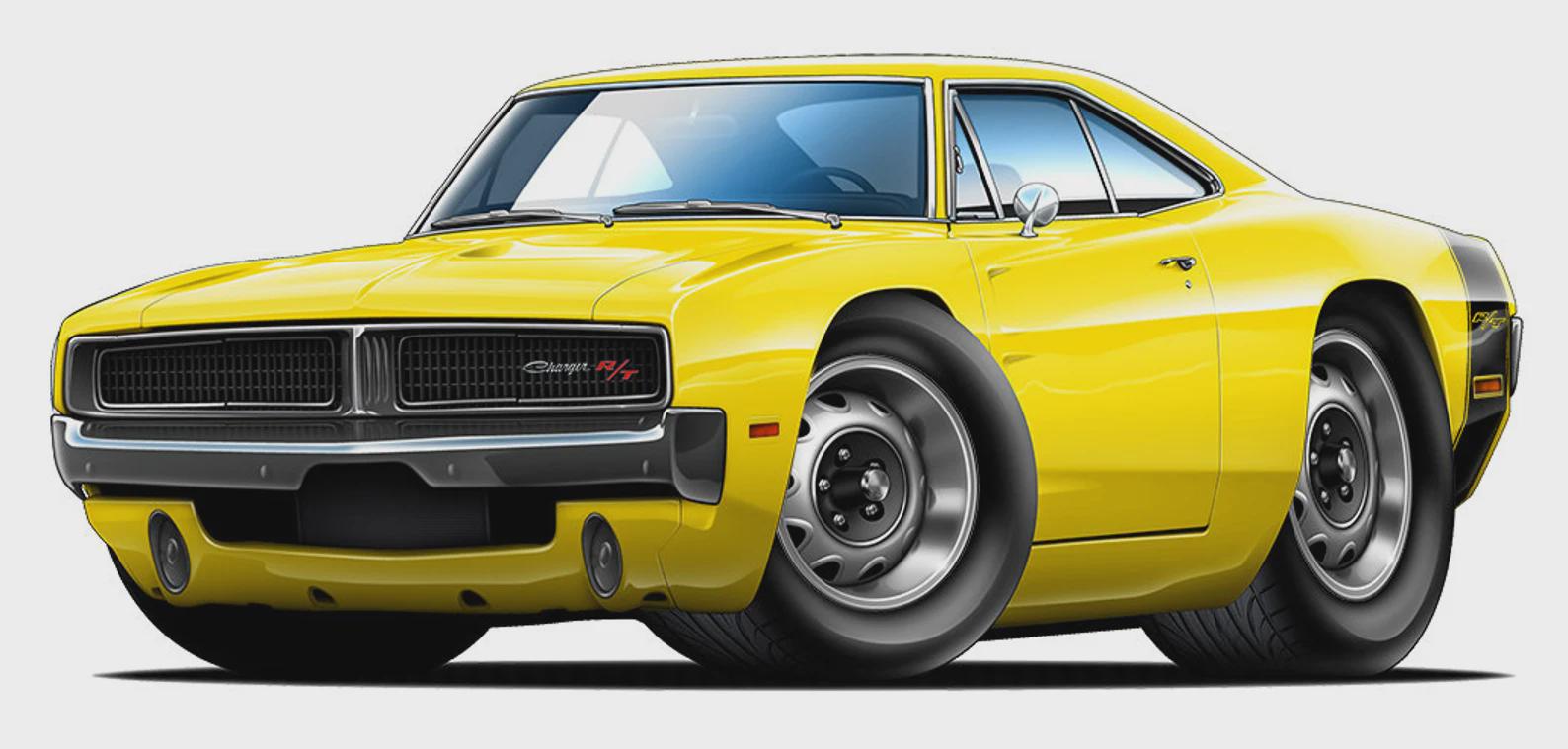 Dodge 69 Charger RT 440 Yellow Cartoon Poster 24x36 Inches