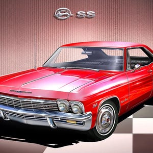 Könnte beinhalten: Stilisierte Illustration eines leuchtend roten Oldtimers, einem Chevrolet Impala SS. Das Auto hat Chromakzente, Weißwandreifen und das SS-Emblem. Der Hintergrund zeigt einen karierten Boden und eine strukturierte Wand.