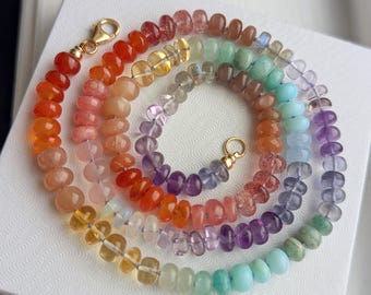 Tropical Sunset Rainbow Gemstone Necklace Beaded Knotted Necklace 14k Gold Filled
