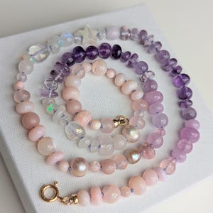 Pink Purple Ombre Mixed Gemstone Necklace Beaded Knotted Necklace 14k Gold Filled