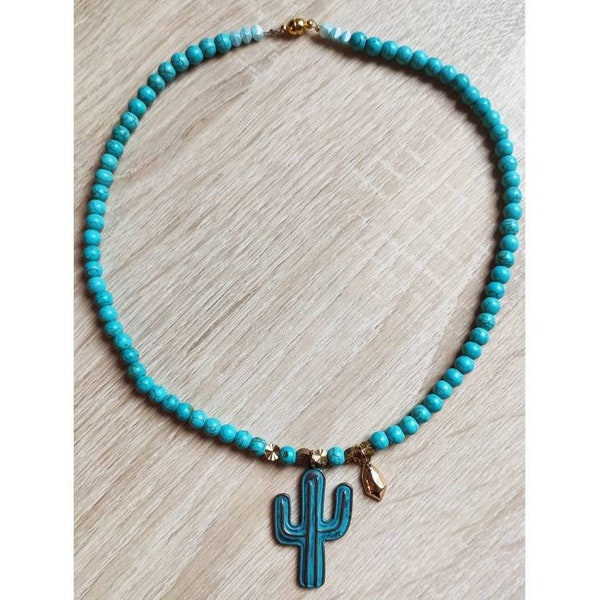 Collier tour du cou perles turquoise et dorées