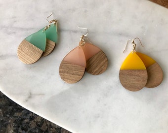 Wooden teardrop earrings- resin and wood jewelry