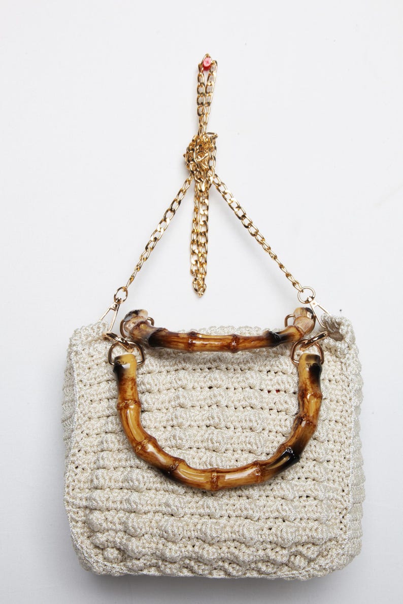 Handmade Crochet Handbag With Bamboo-style Handles & Gold Chain Strap ...