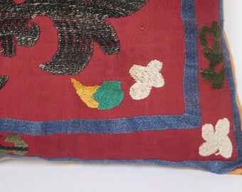 Housse de coussin Suzani brodée : coussin en soie fleuri bleu bohème (18 x 18) - France