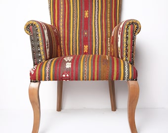 Vintage Kilim Upholstered Wingback Chair | Boho Accent Decor