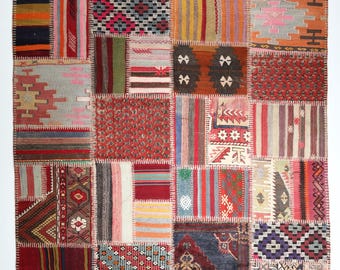 5 &#39;11 &#39;&#39; x 7&#39; 11 &#39;&#39; Patchwork Kelim, Mehrfarbiges Patchwork, Vintage Patchwork, Boho Patchwork, Rustikales Patchwork, Handgefertigter Patchwork