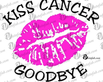 Puede incluir: Labios rosas con un contorno blanco, una marca de beso y el texto "KISS CANCER GOODBYE" en negro.