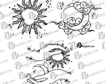 May include: A black and white line drawing of a sun, moon, and hands holding a sun. The sun and moon are stylized with rays and clouds. The hands are stylized with long fingers and are holding the sun in a cupped position.