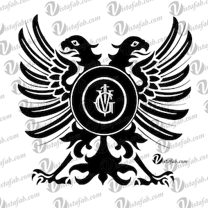 May include: Black and white illustration of two stylized eagles with wings spread, facing each other. A circular shield with a sword and the letters "VG" inside is centered between the eagles.