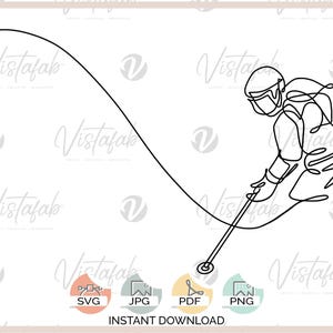 May include: Black line art illustration of a skier in action, created with a single continuous line. The skier wears a helmet and goggles, holding ski poles. The image includes the text "INSTANT DOWNLOAD" and file type icons.