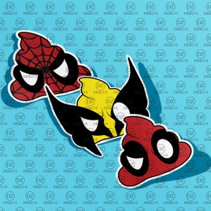 May include: A red and black cartoon superhero mask with a spider web design and a yellow and black cartoon superhero mask with a black mask and yellow accents. The masks are on a blue background.