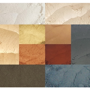 Pode incluir: Uma coleção de 10 pequenos frascos de amostra de pós de diferentes cores. Os pós estão dispostos em uma grade. As cores incluem branco, bege, marrom claro, marrom escuro, vermelho, preto, cinza escuro e cinza claro.