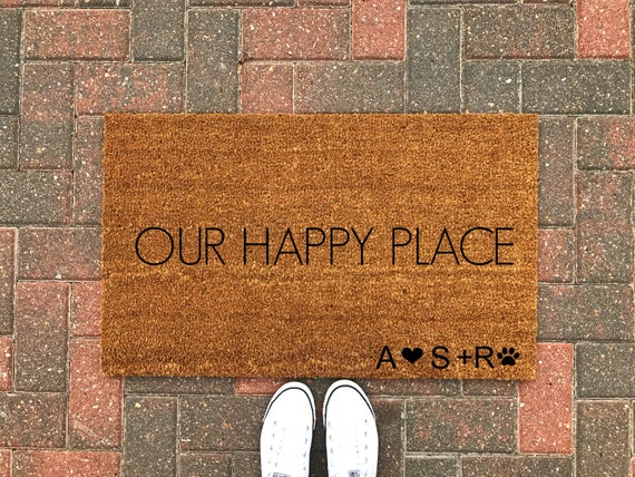 Our Happy Place Doormat Personalized Doormat Welcome Mat Outdoor Rug Spring Decor Newlywed Housewarming Valentines Day Gift