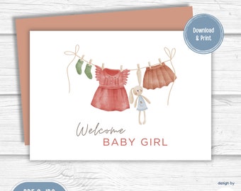 Carte imprimable Baby shower, Nouveau bébé fille, Bienvenue bébé fille | Carte de naissance pour nouveau-né fille | Téléchargement instantané | PDF JPG