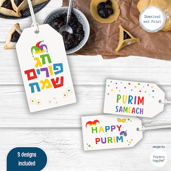 Printable Purim Labels, Mishloach Manot Tags, Purim Gift Tags, Purim Treat Bag Tags, Happy Purim Cards |  Set of 3 | Instant Download | PDF