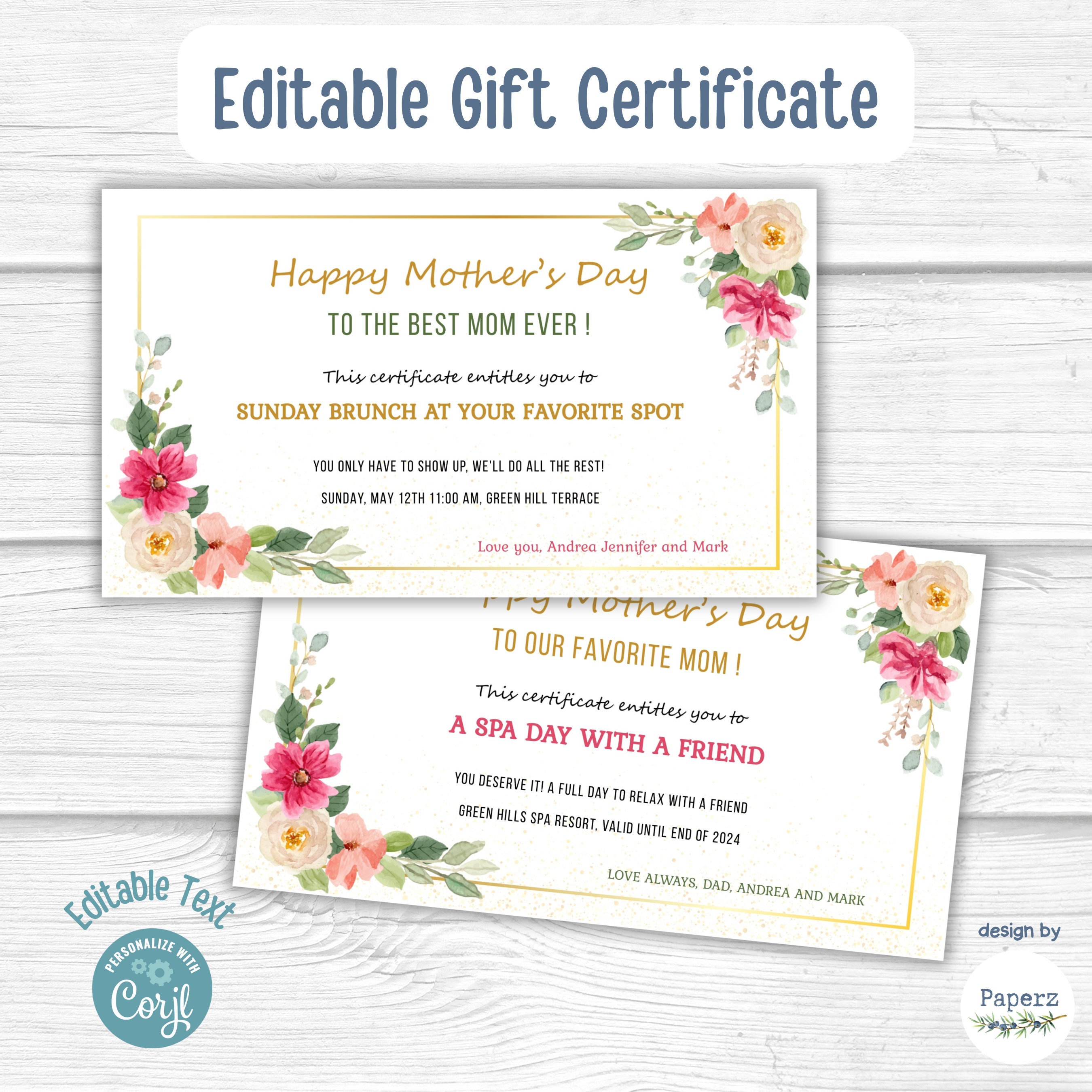 Editable Mothers Day Coupon Template Gift Voucher Gift Certificate Editable Mothers Day Coupon Template Gift Voucher Gift Certificate