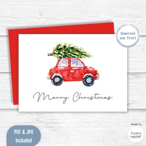 Tarjeta navideña con árbol y coche de época / Arte navideño en acuarela / Tarjeta de felicitación navideña clásica imprimible / Descarga instantánea / PDF JPG