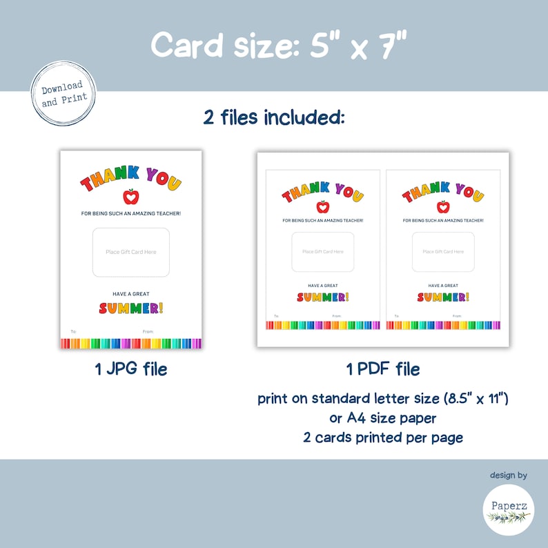 Last Day of School Thank You Gift Card Holder, Printable End of Year ...