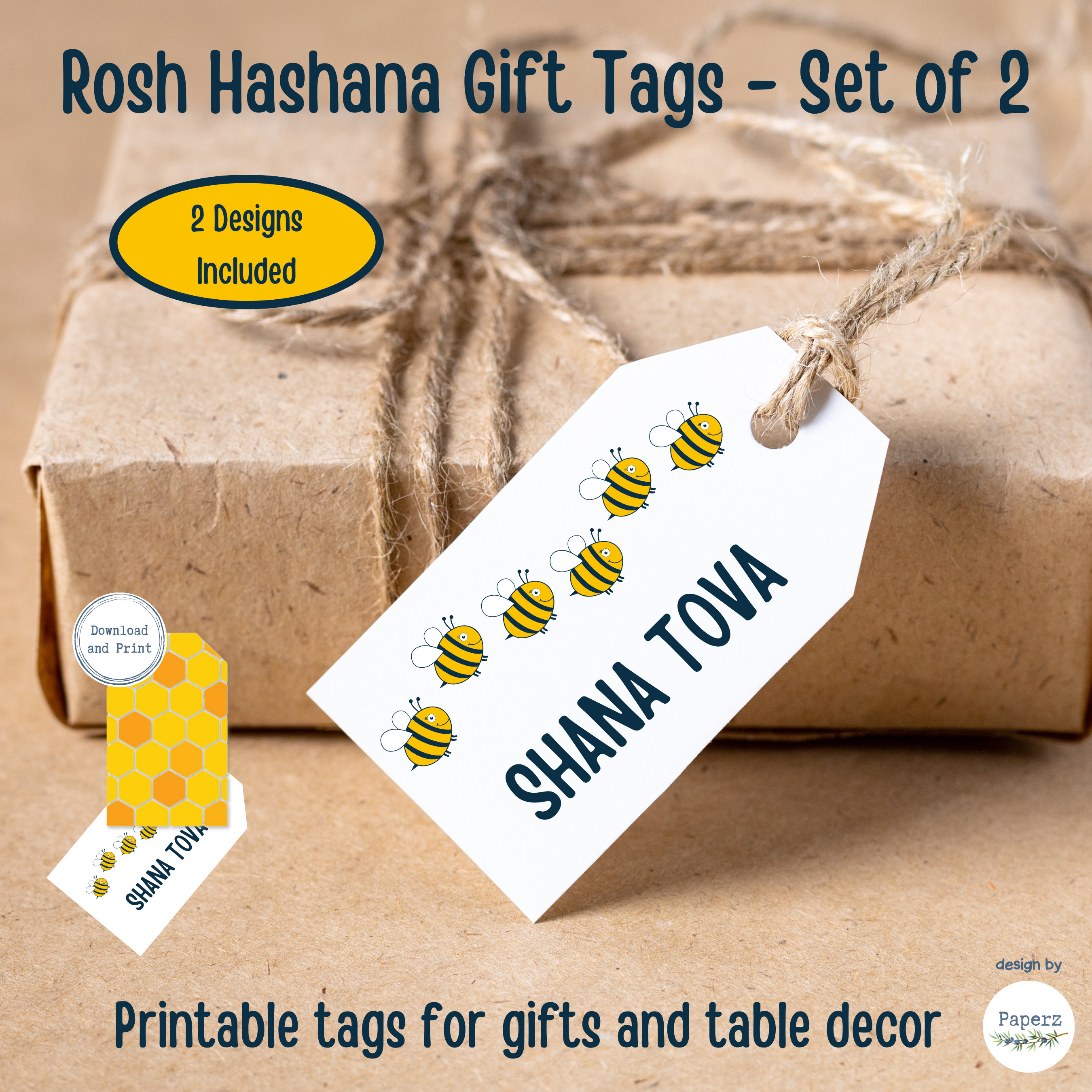 Rosh Hashanah Gift Tags, Printable Jewish New Year Gift Tag Set, Shana Tova Bees Honey Labels | PDF File | Digital Instant Download