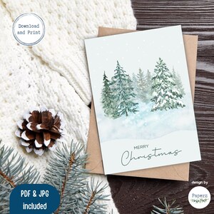 Snowy Pines Christmas Card | Watercolor Trees in Snow | Elegant Printable Card | Unique, Classic, Simple Holiday Greeting | Instant Download