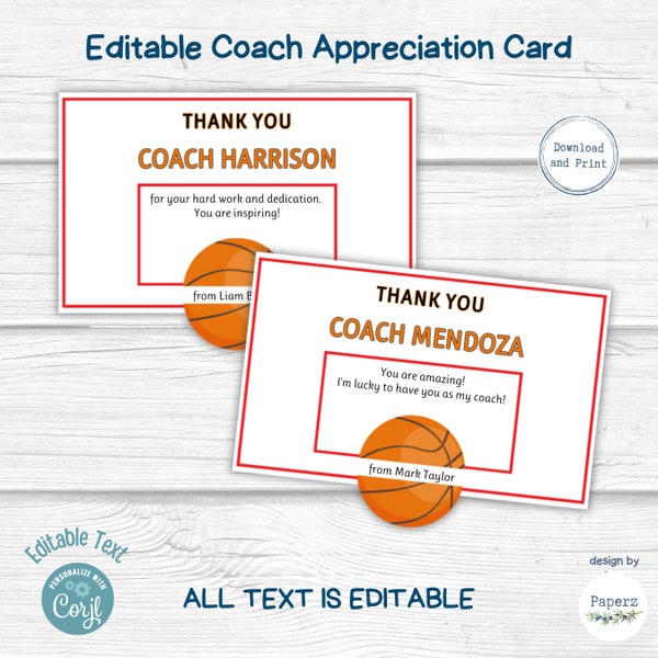 Editable Coach Appreciation Card | Printable Thank You Coach Card | Basketball Coach | Teacher Appreciation | Instant Download | PDF JPG