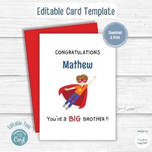 Bearbeitbare Big Brother Karte, Superheld Junge, anpassbarer Name, Big Sibling Karte, neuer Bruder personalisiert, weißer Hautton, Sofort Download