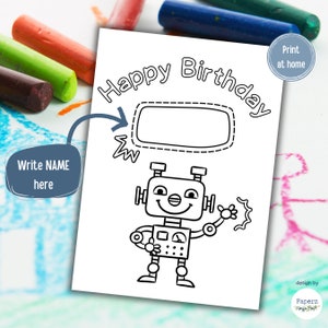 Cartão de COLORIR de aniversário para crianças | Cartão de Criança para Amigo | Cartão DIY para impressão | Artesanato Infantil | Feliz aniversário | Cartão Robô Fofo