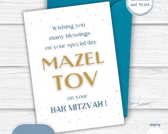Tarjeta de Bar Mitzvah Mazel Tov, Idea de regalo para niño / Tarjeta de felicitación de feliz Bar Mitzvah para él, Mazel Tov imprimible (PDF JPG)