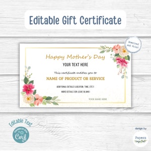 Editable Mothers Day Coupon Template | Gift Voucher, Gift Certificate Printable Template | Elegant, Unique | Last Minute Mothers Day Gift