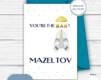 Tarjeta de Bar Mitzvah Mazel Tov, Idea de regalo para niño / Tarjeta de felicitación de feliz Bar Mitzvah para él, Mazel Tov imprimible (PDF JPG)