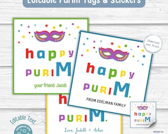 Redigerbara Purim-etiketter, klistermärken, Mishloach Manot-etiketter | Mall för Purim-presentetiketter | Glad Purim-kort | Utskrivbar | Direktnedladdning | PDF JPG