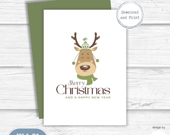 Merry Christmas Printable Card | Christmas Greeting Card | Digital Download, Printable Card | Moose, Reindeer | Digital Card | PDF JPG