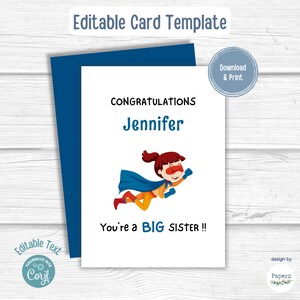 Cartão de irmã mais velha editável, garota super-heroína, nome personalizável, cartão de irmã mais velha, nova irmã personalizada, tom de pele branca, download instantâneo