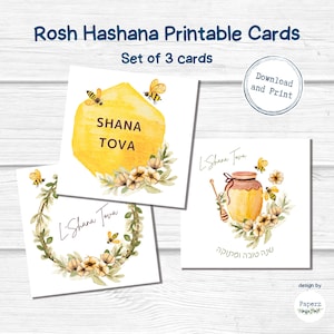 Tarjeta Shana Tova, Tarjeta de felicitación imprimible de Rosh Hashaná, Conjunto de tarjetas de Año Nuevo judío, Descarga instantánea clásica / digital / שנה טובה, ראש השנה