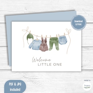 Druckbare Baby Boy Grußkarte, Aquarell Baby Kleidung, blau-grüne Palette, neues Baby Karte, Willkommens-Baby-Dusche-Karte, Sofort Download