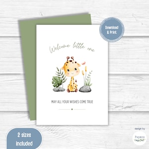Afdrukbare nieuwe babywenskaart, schattige girafaquarel, babyshowerkaart, welkomstbabykaart, dierlijk thema, genderneutrale babykaartkunst