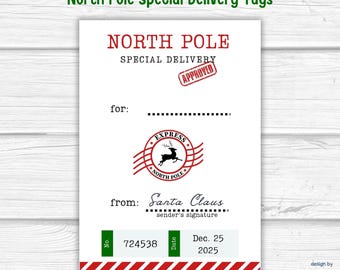 North Pole Special Delivery Tags, Printable Santa Gift Labels, Digital Download