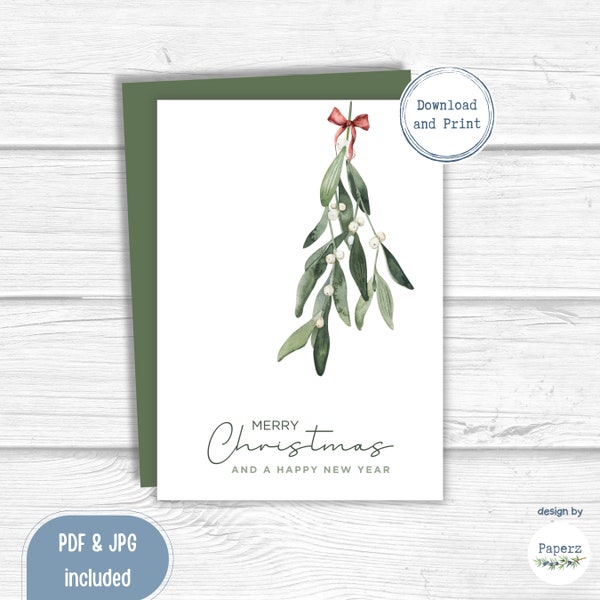 Christmas Mistletoe Card | Digital Download, Printable Card | Unique, Simple, Elegant | Holiday Greeting Card | PDF JPG