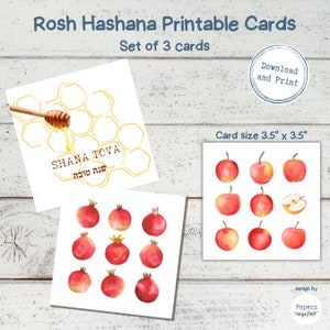 Carte Shana Tova, carte de voeux imprimable de Rosh Hashana, jeu de cartes pour le nouvel an juif, grenade, pomme | Téléchargement instantané | טובה, השנה