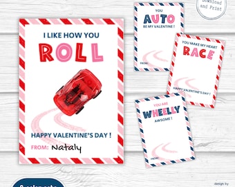 May include: Four printable Valentine's Day cards with a car theme. The cards feature red and blue stripes, a red toy car, and puns about cars. The text on the cards reads: "I like how you roll", "You auto be my Valentine!", "You make my heart race", and "You are Wheelly Awsome!"