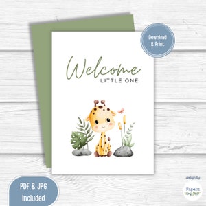 Afdrukbare babyshowerkaart, nieuwe babywenskaart, schattige girafaquarel, welkomstbabykaart, dierlijk thema, genderneutrale babykaartkunst