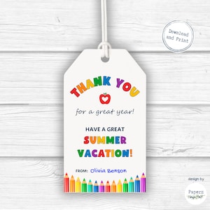 Etiquetas de regalo imprimibles para el último día de clases / Gracias de fin de año por un gran año / Recuerdo de verano para el aula para niños, maestros y compañeros de clase
