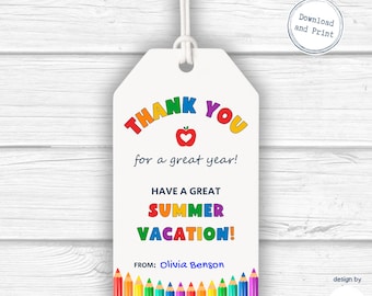 Etichette regalo stampabili per l'ultimo giorno di scuola / Grazie di fine anno per un anno fantastico / Bomboniera estiva per bambini, insegnanti e compagni di classe