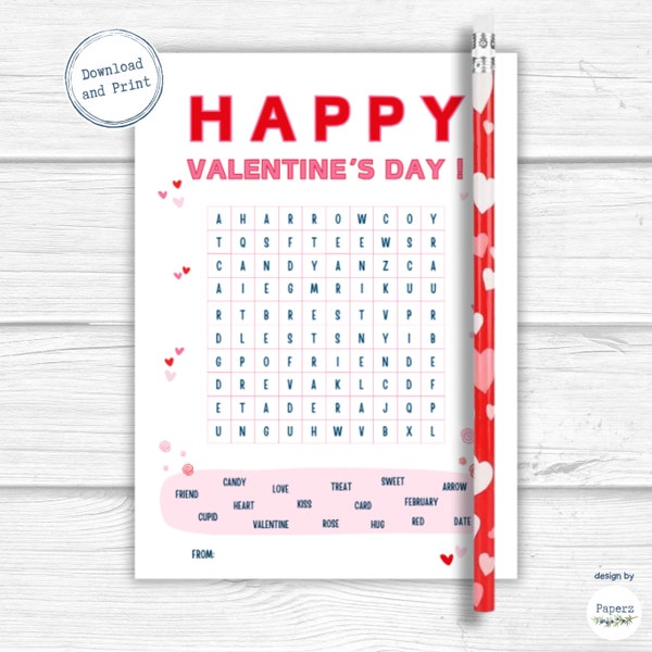 Word Find Valentine, Printable Classroom Valentine Cards | Pencil, Marker, Non Candy Valentine | DIY Valentine | Instant Download