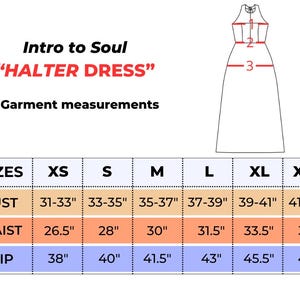 May include: Image of a halter dress with a size chart. The chart lists bust, waist, and hip measurements in inches for sizes XS to XXL. The text "Intro to Soul" and "HALTER DRESS" are displayed at the top.