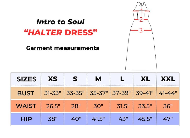 May include: Image of a halter dress with a size chart. The chart lists bust, waist, and hip measurements in inches for sizes XS to XXL. The text "Intro to Soul" and "HALTER DRESS" are displayed at the top.