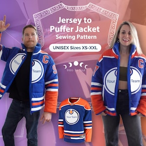 May include: A sewing pattern for a unisex puffer jacket that looks like a hockey jersey. The pattern is available in sizes XS-XXL. The jacket is blue with orange and white accents. The text on the jacket says "Your Team".