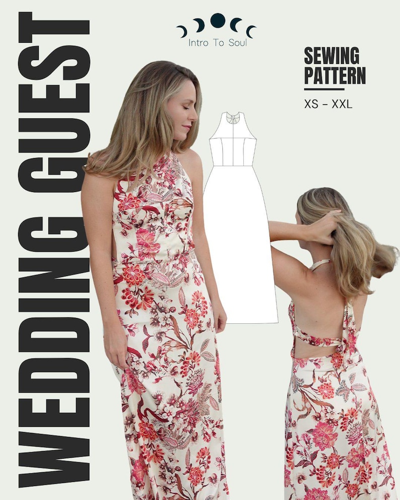May include: A floral print maxi dress with a halter neckline. The dress features a white background with pink and red floral patterns. The words "WEDDING GUEST" are printed vertically on the left side. The words "SEWING PATTERN" and sizes XS-XXL are printed on the right.