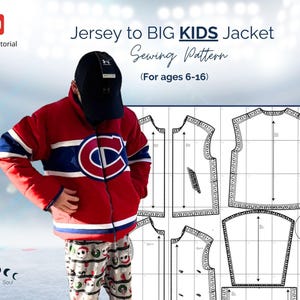 May include: A sewing pattern for a kids' jacket, featuring a red, white and blue jersey design. The pattern includes instructions for sizes 6-16. The pattern is printed on white paper with black lines.